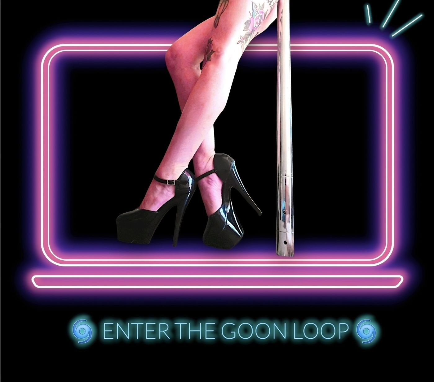 A pair of legs leans against a stripper pole while giving no limits taboo phone sex.